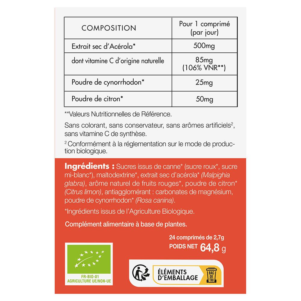 Dos de la boîte. Contient informations nutritionnelles, liste des ingrédients et certification bio. 24 comprimés, 2,7g.