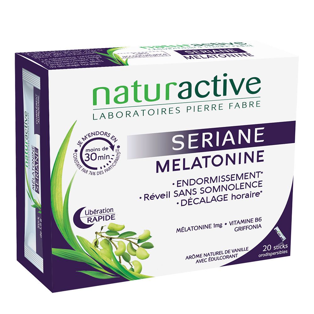 Boîte de produit avec logo et nom. Contient 20 sticks. Contient mélatonine, vitamine B6 et Griffonia.