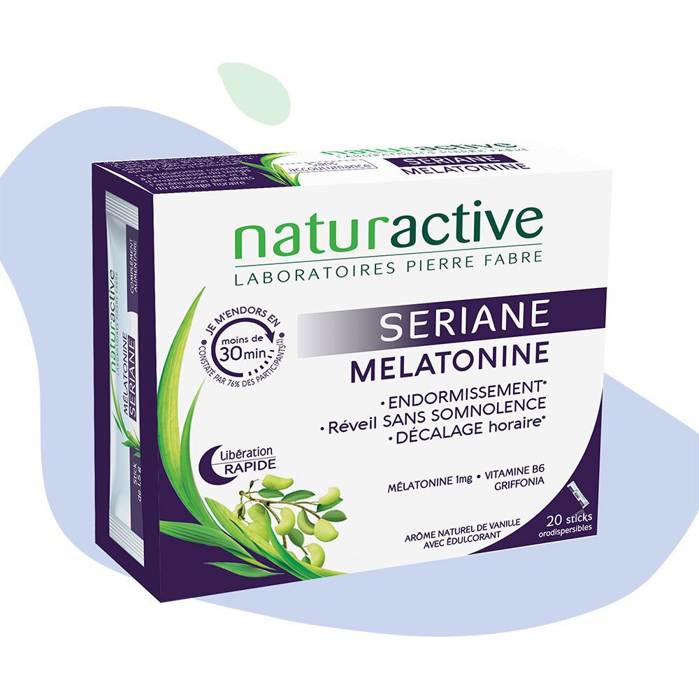 Emballage du produit avec logo et nom. Contient 20 sticks. Contient mélatonine, vitamine B6 et Griffonia.