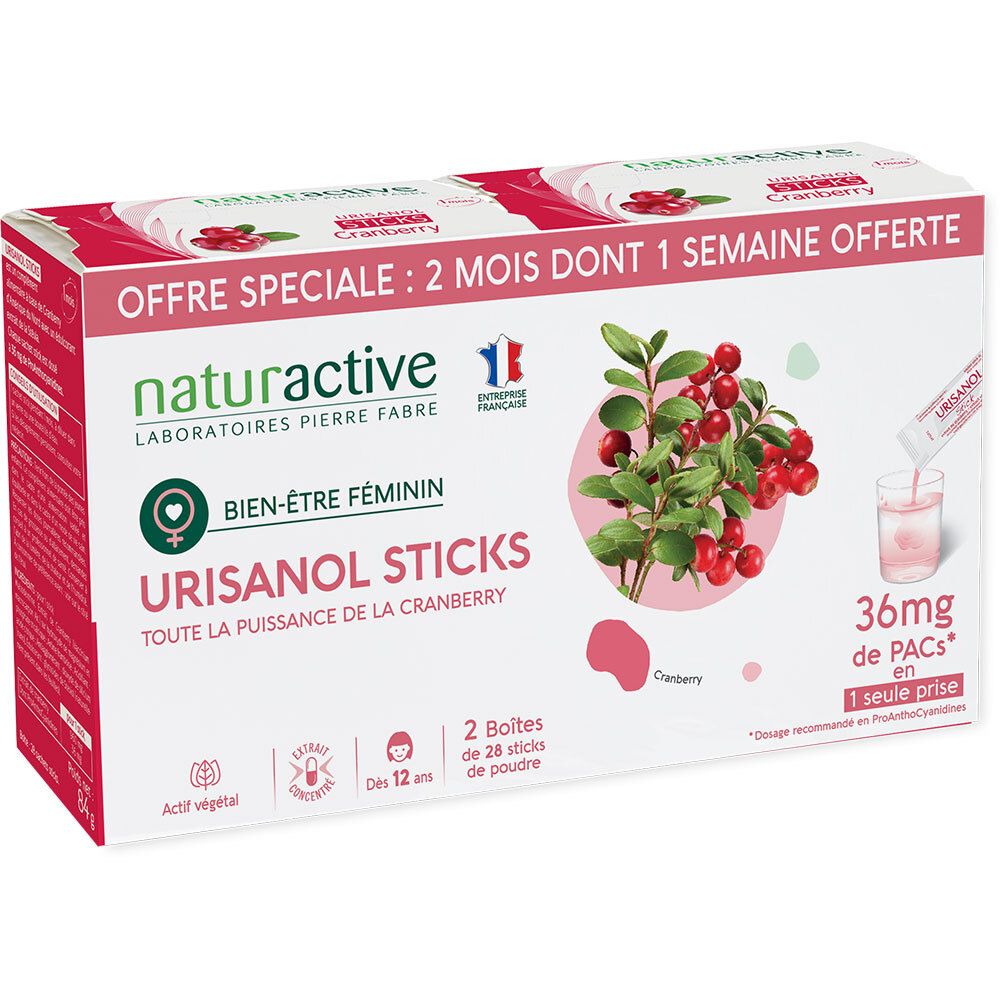 Boîte de Naturactive URISANOL Sticks. Contient 2 boîtes de 28 sticks. Illustration de cranberry et texte.