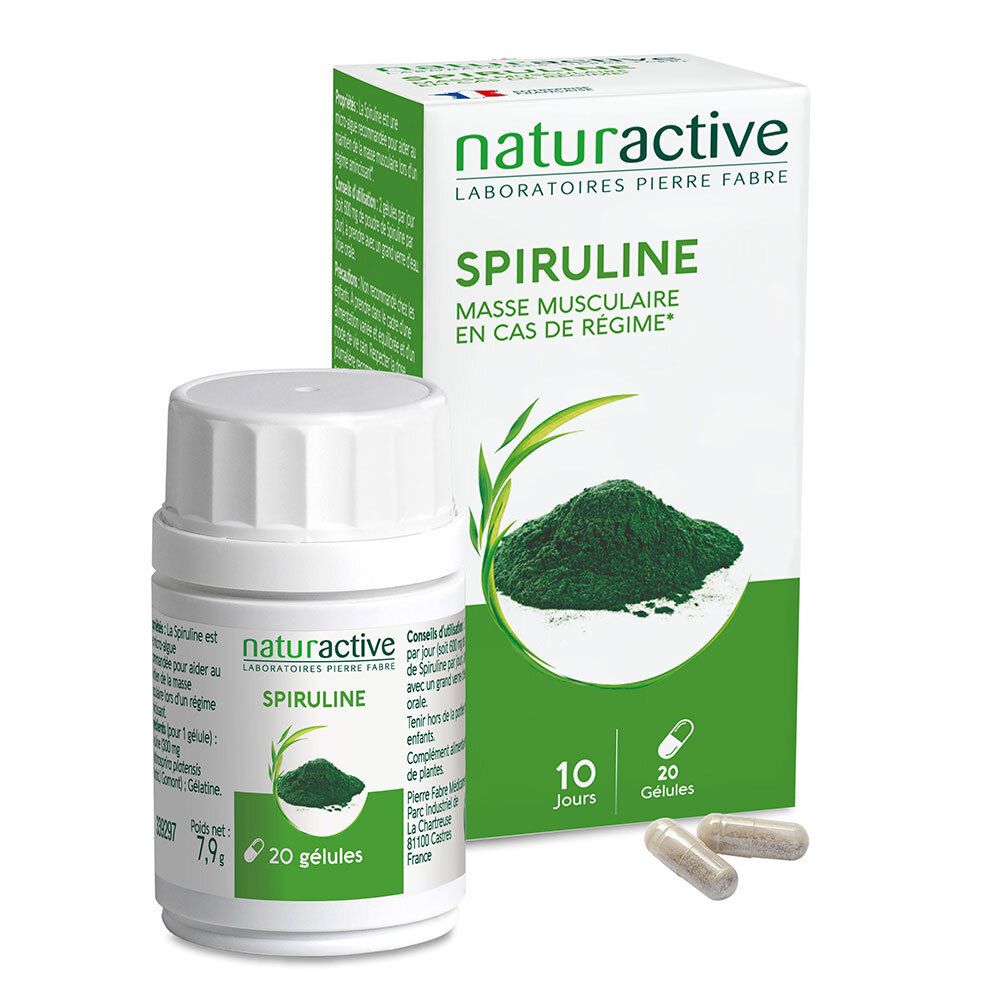 Flacon et boîte blancs avec gélules de spiruline. Inscription: Naturactive, Spiruline. 20 gélules. Poudre et gélules vertes.