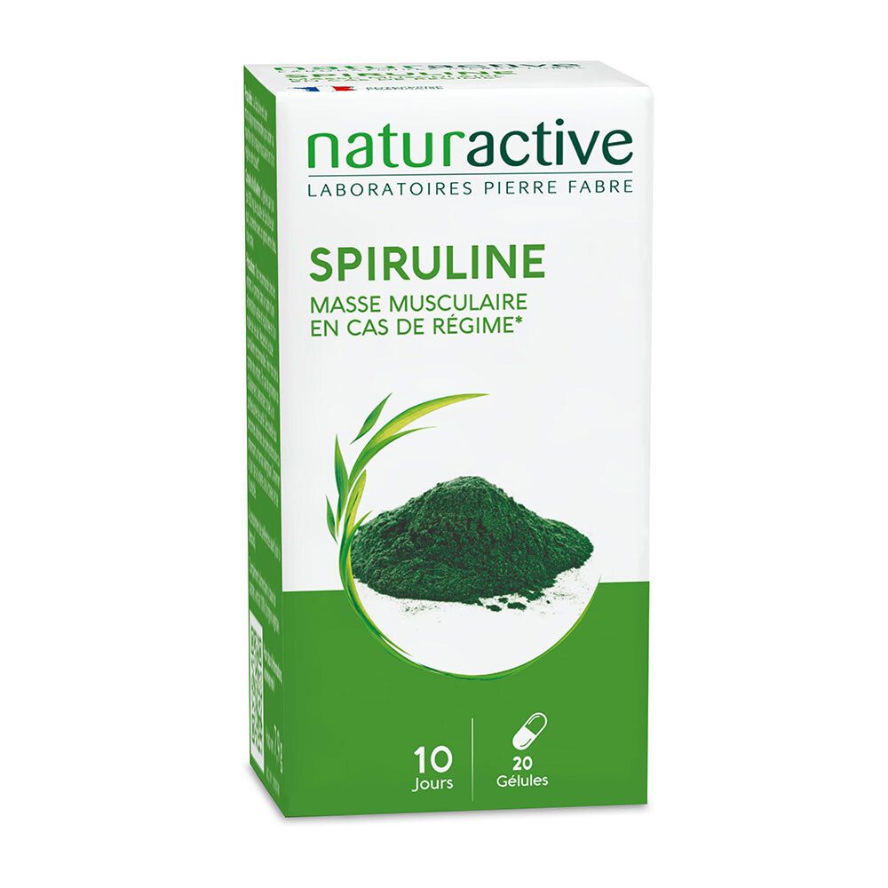 Boîte blanche avec gélules de spiruline. Inscription: Naturactive, Spiruline. 10 jours. 20 gélules. Poudre et gélule verte.