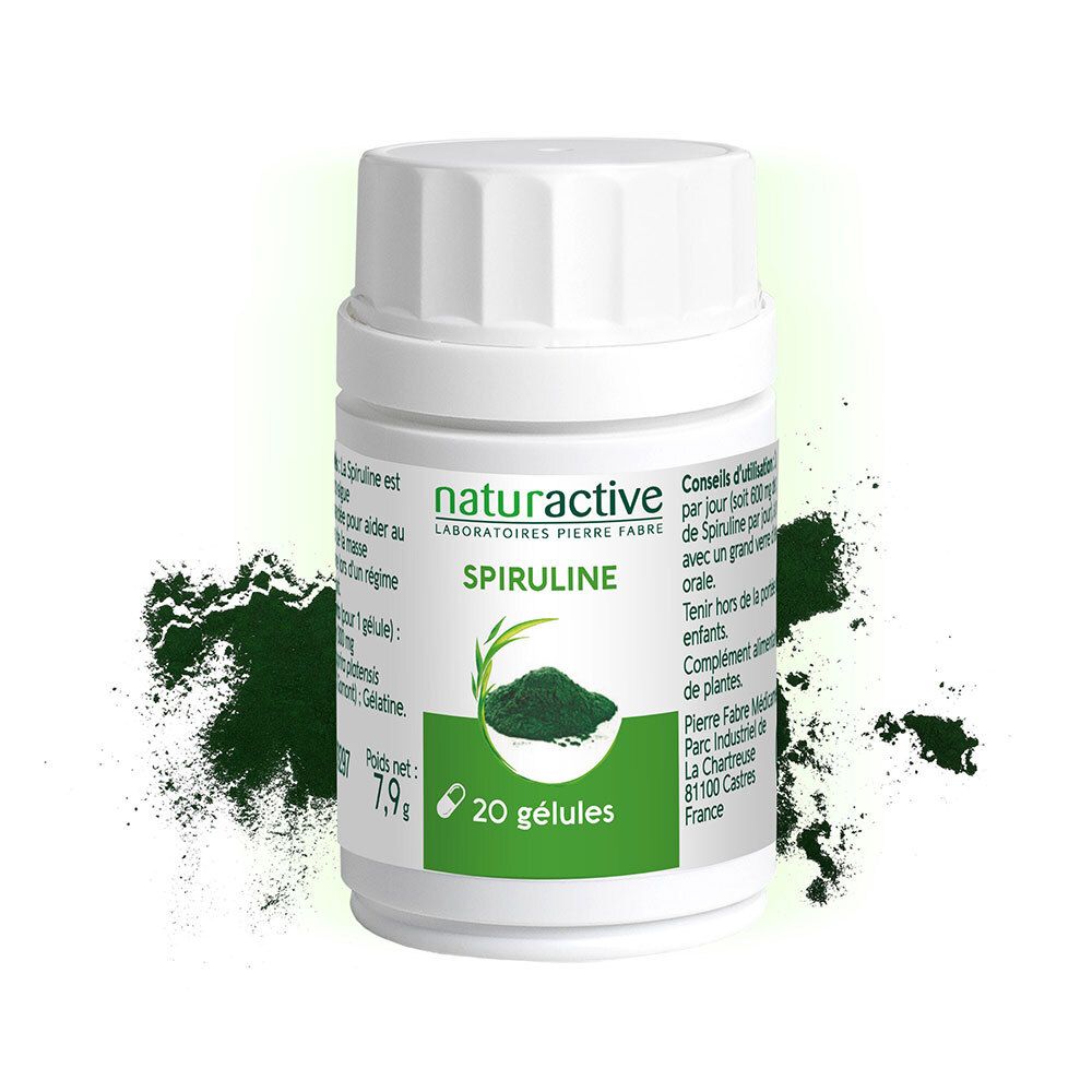 Flacon blanc avec gélules de spiruline. Inscription: Naturactive, Spiruline. 20 gélules. Poudre verte. Inscription: 7,9g.