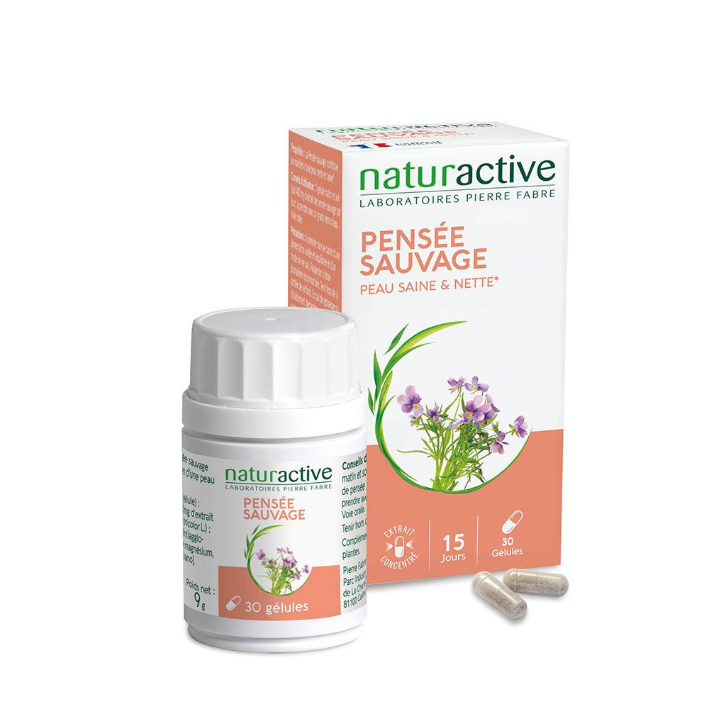 Naturactive Pensée Sauvage. Flacon et boîte avec gélules. Nom du produit et logo visibles. 30 gélules.