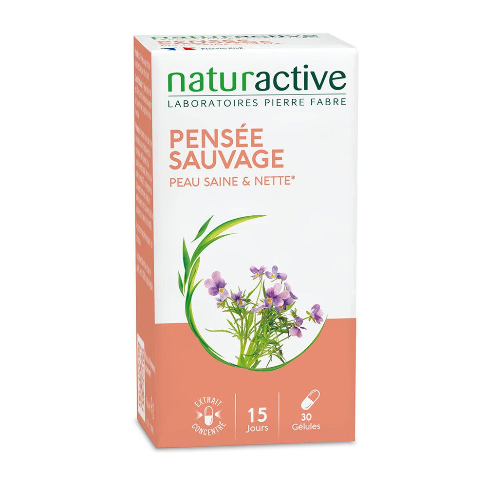 Boîte Naturactive Pensée Sauvage. Nom du produit, logo et 30 gélules. Design rose et blanc. 15 jours.