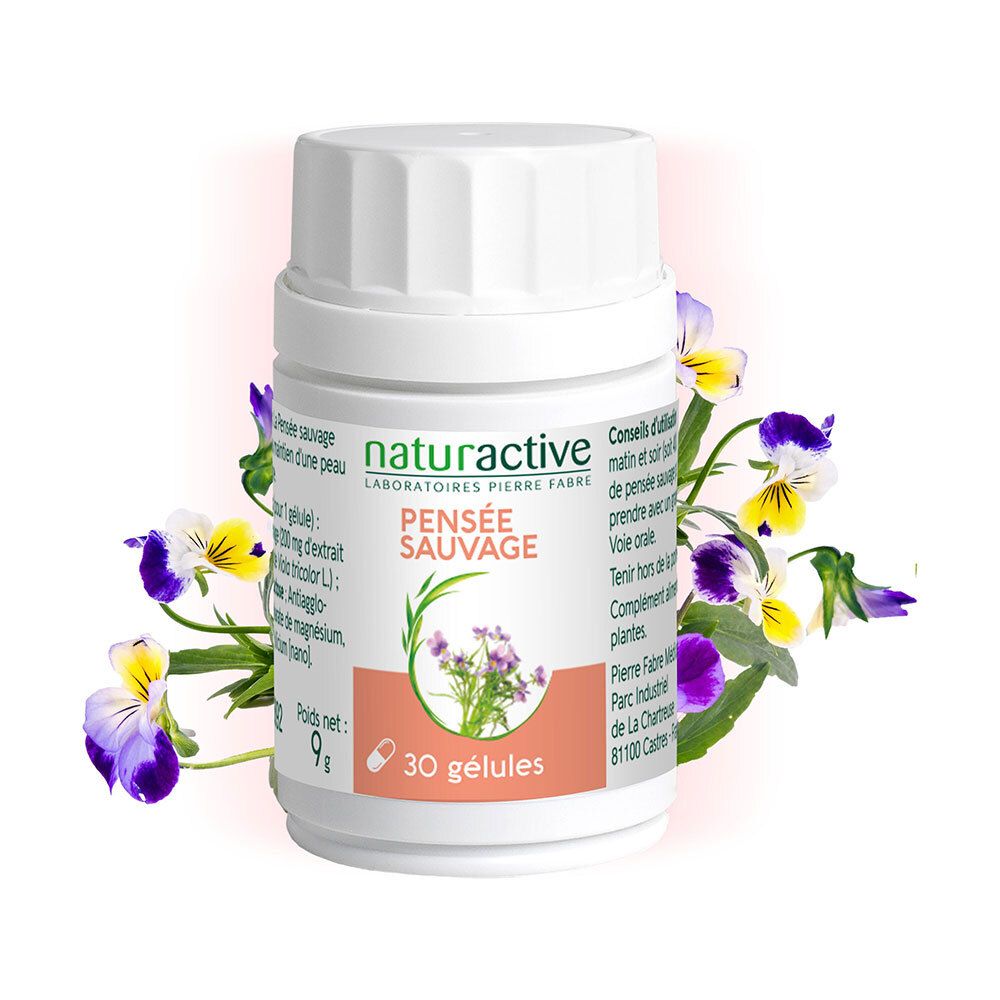 Flacon Naturactive Pensée Sauvage avec 30 gélules. Nom du produit et logo. Flacon blanc avec fleurs. 9g.