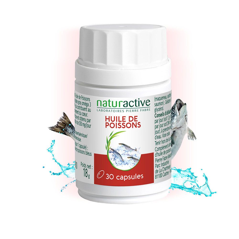 Flacon blanc avec gélules. Inscription : Naturactive Huile de Poissons, 30 gélules. Illustration de poissons.