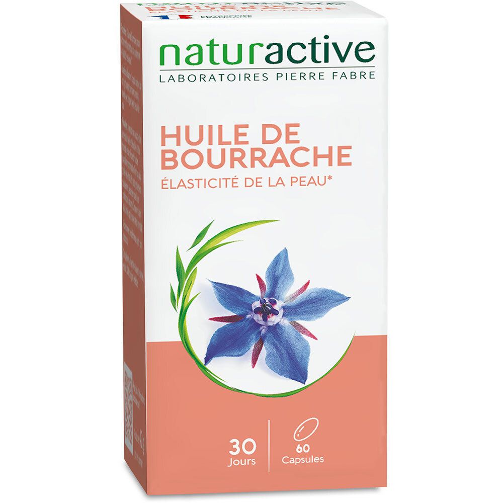 Emballage Naturactive Bourrache. Boîte rose avec nom du produit, fleur bleue et texte. 30 jours, 60 gélules.