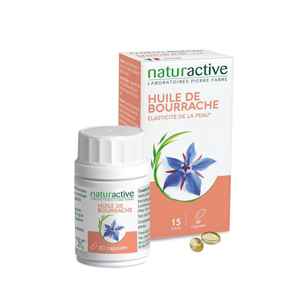 Flacon et boîte blancs avec capsules. Inscription : Bourrache, 30 capsules. Marque : Naturactive.