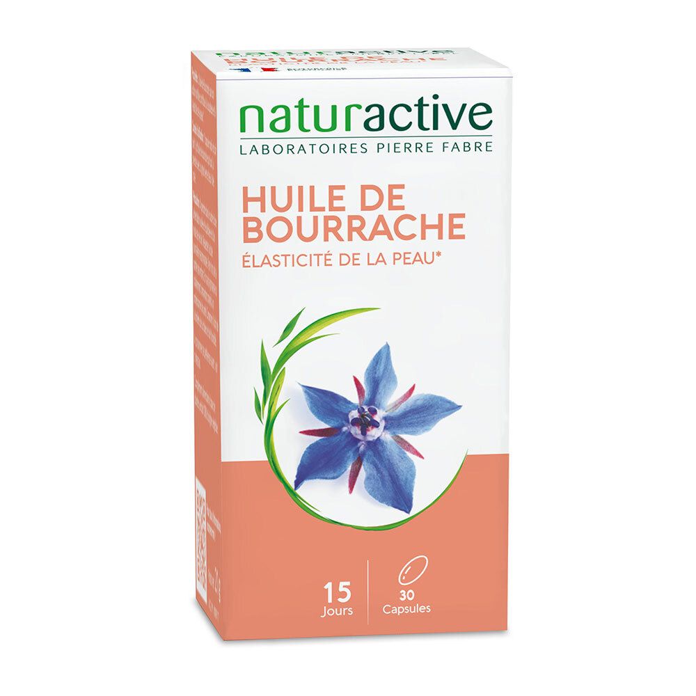 Boîte avec inscription : Huile de Bourrache, 30 capsules. Marque : Naturactive. Éléments roses et verts.