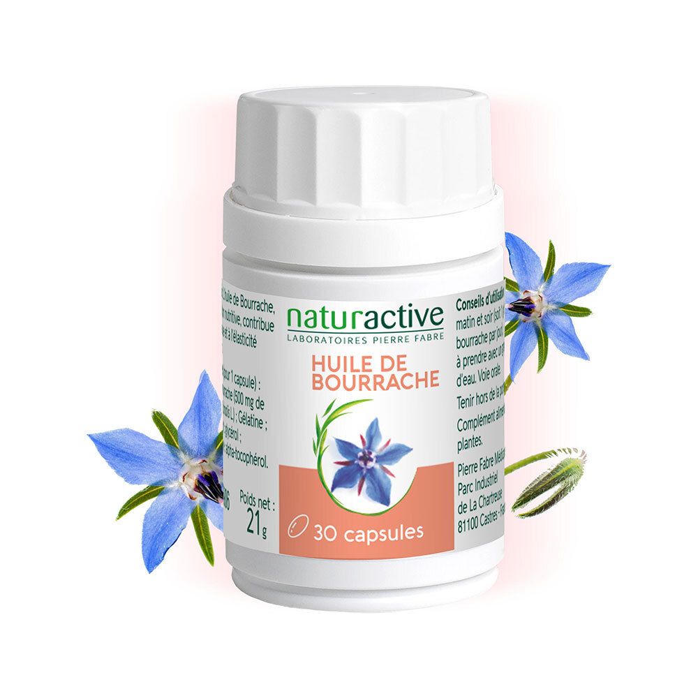 Flacon blanc avec inscription : Huile de Bourrache, 30 capsules. Marque : Naturactive. Fleurs bleues.