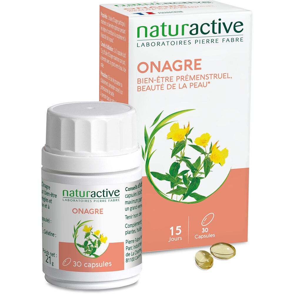 Flacon et boîte blancs avec capsules. Inscription: Naturactive, Onagre, 30 capsules. Capsules jaunes à côté.