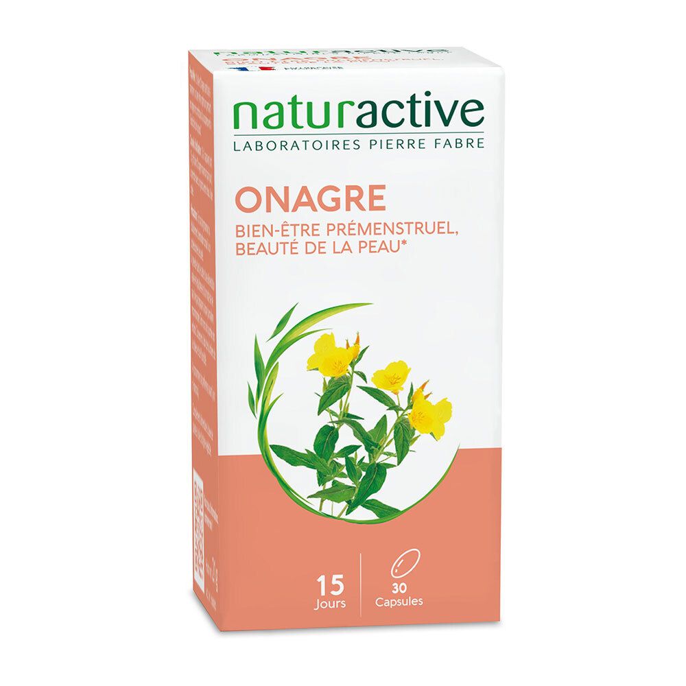 Boîte blanche avec inscription: Naturactive, Onagre, 30 capsules. Texte: Bien-être prémenstruel, beauté de la peau.