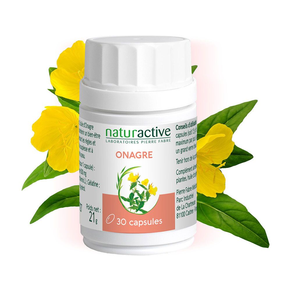 Flacon blanc avec inscription: Naturactive, Onagre, 30 capsules. Fleurs jaunes et feuilles en arrière-plan.