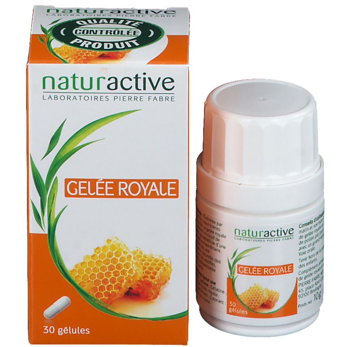 Emballage du produit avec flacon et boîte. Inscription: Naturactive Gelée Royale, 30 gélules. Illustration de rayons de miel.