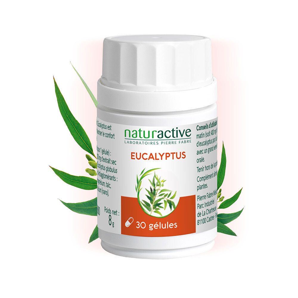 Flacon blanc avec capsules Naturactive Eucalyptus. Inscription : Eucalyptus, 30 gélules. Feuilles vert et blanc comme élément de design.