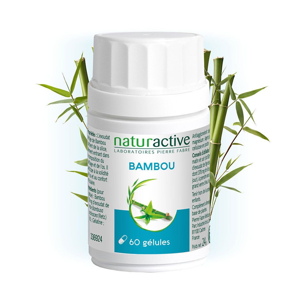 Flacon blanc avec produit Bambou. Inscription : Naturactive Bambou, 60 gélules. Décor bambou. Fond vert.