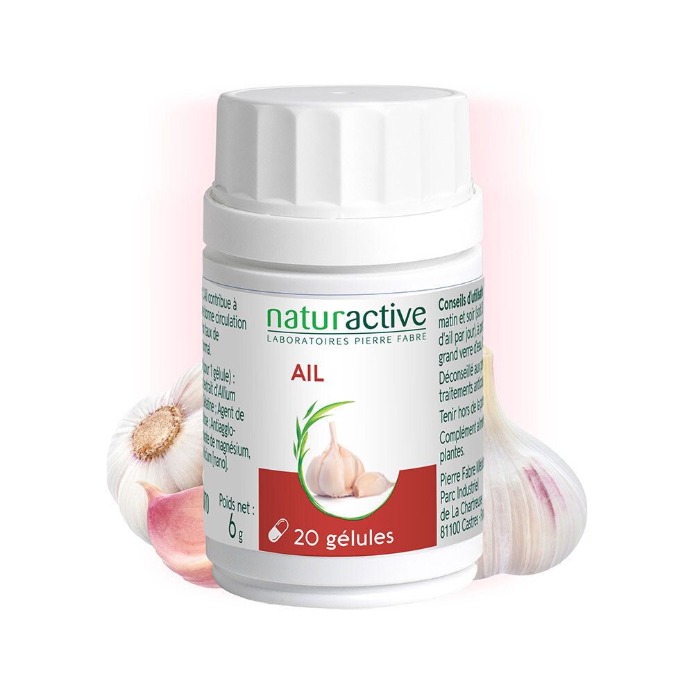 Flacon blanc Naturactive. Inscription : Ail, 20 gélules, illustration d'ail. Illustration d'ail en arrière-plan.