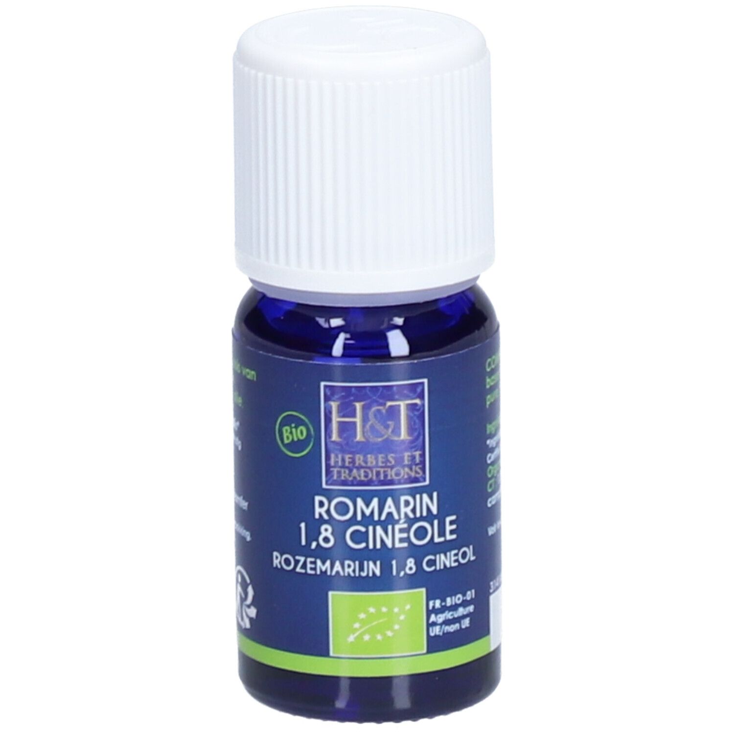 Flacon en verre bleu foncé avec bouchon blanc. Inscriptions : H&T, Romarin 1,8 Cinéole, label Bio. Étiquette avec accents verts et blancs.