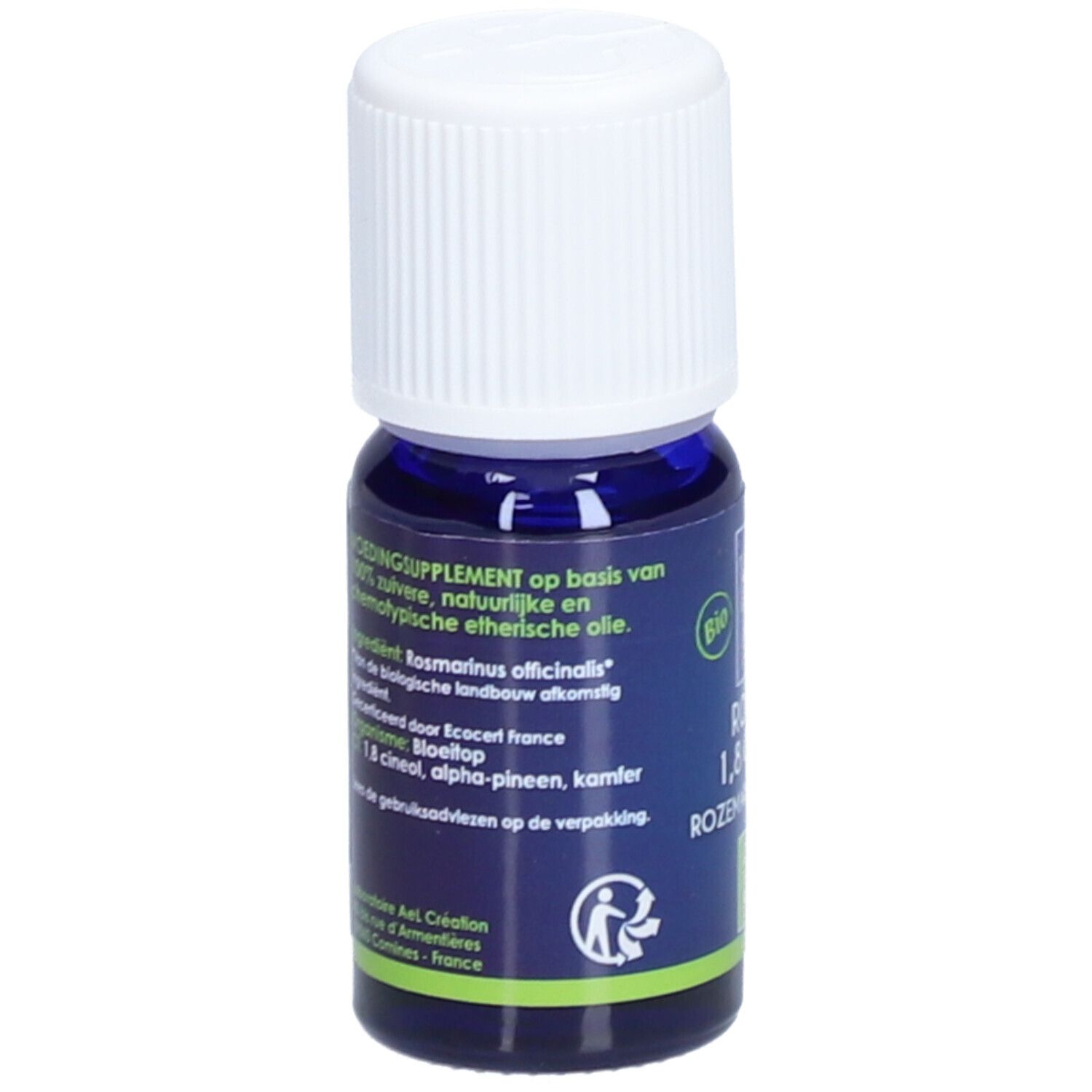 Flacon en verre bleu foncé avec bouchon blanc. Étiquette avec texte multilingue. Certification Bio et informations du fabricant.