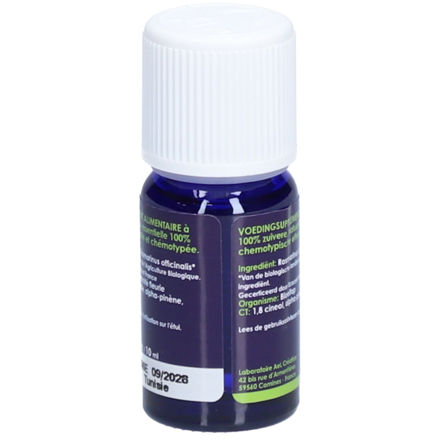 Flacon en verre bleu foncé avec bouchon blanc. Étiquette avec texte multilingue. Date de péremption 09/2028.