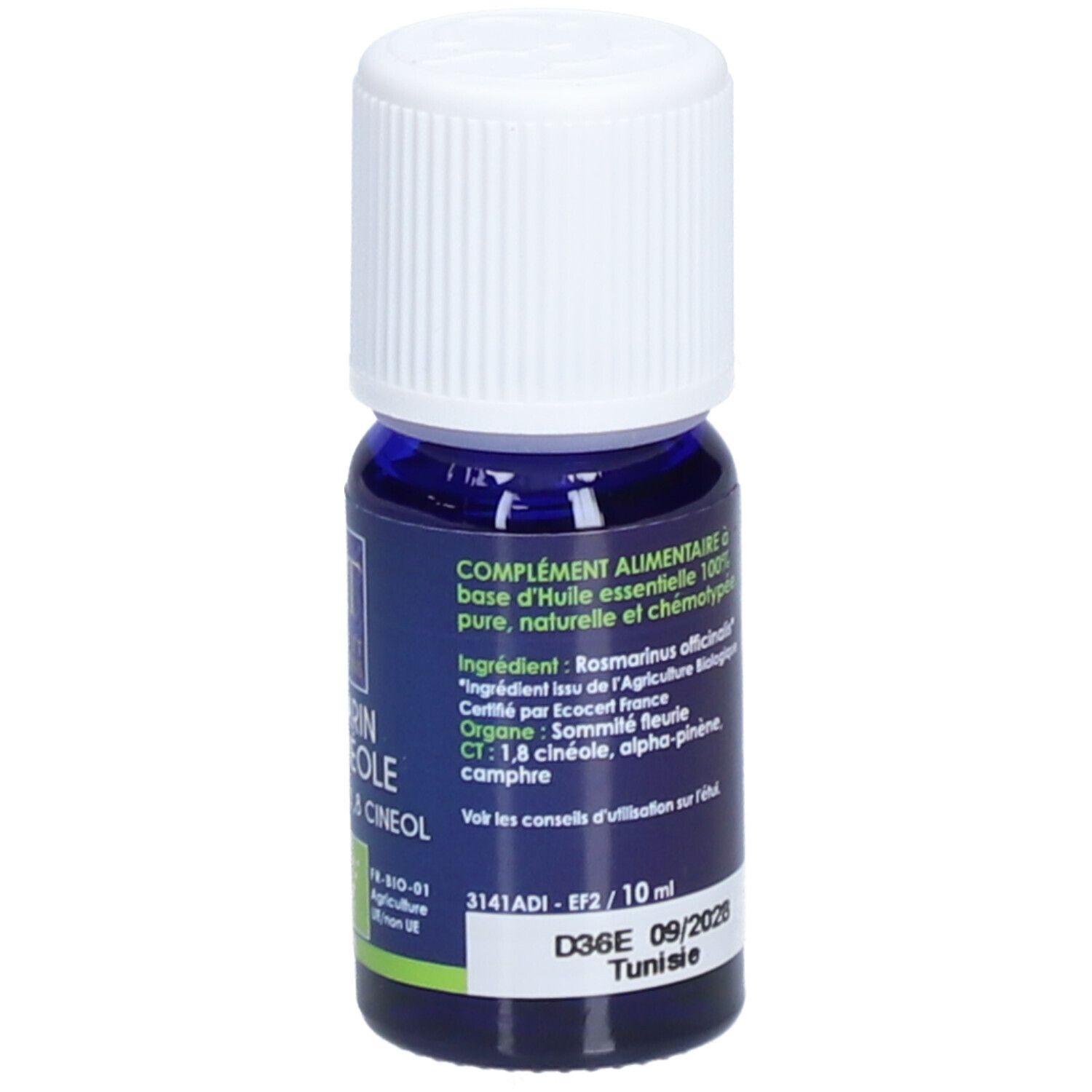 Flacon en verre bleu foncé avec bouchon blanc. Étiquette avec texte multilingue. 10 ml, certification Bio.