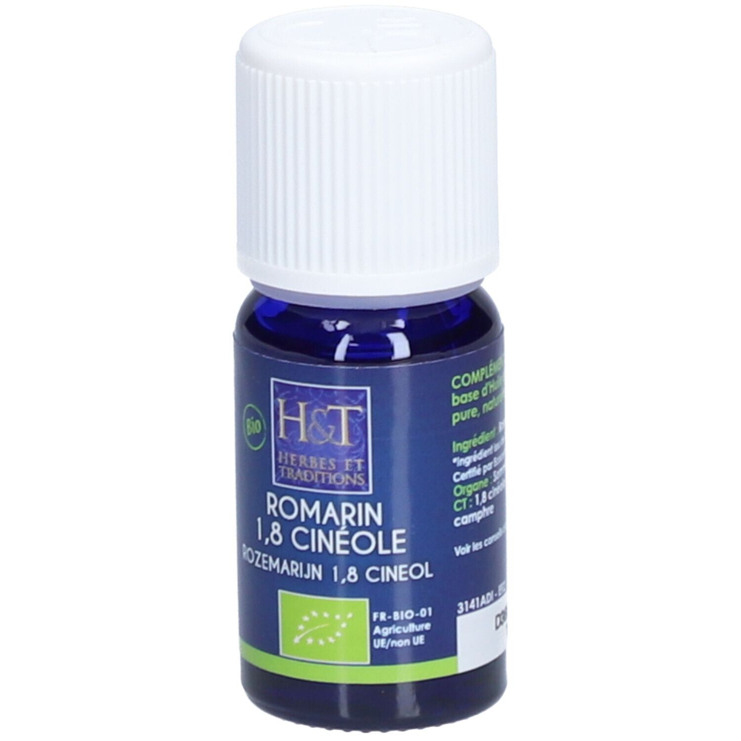 Flacon en verre bleu foncé avec bouchon blanc. Inscriptions : H&T, Romarin 1,8 Cinéole, label Bio. Étiquette avec accents verts et blancs.