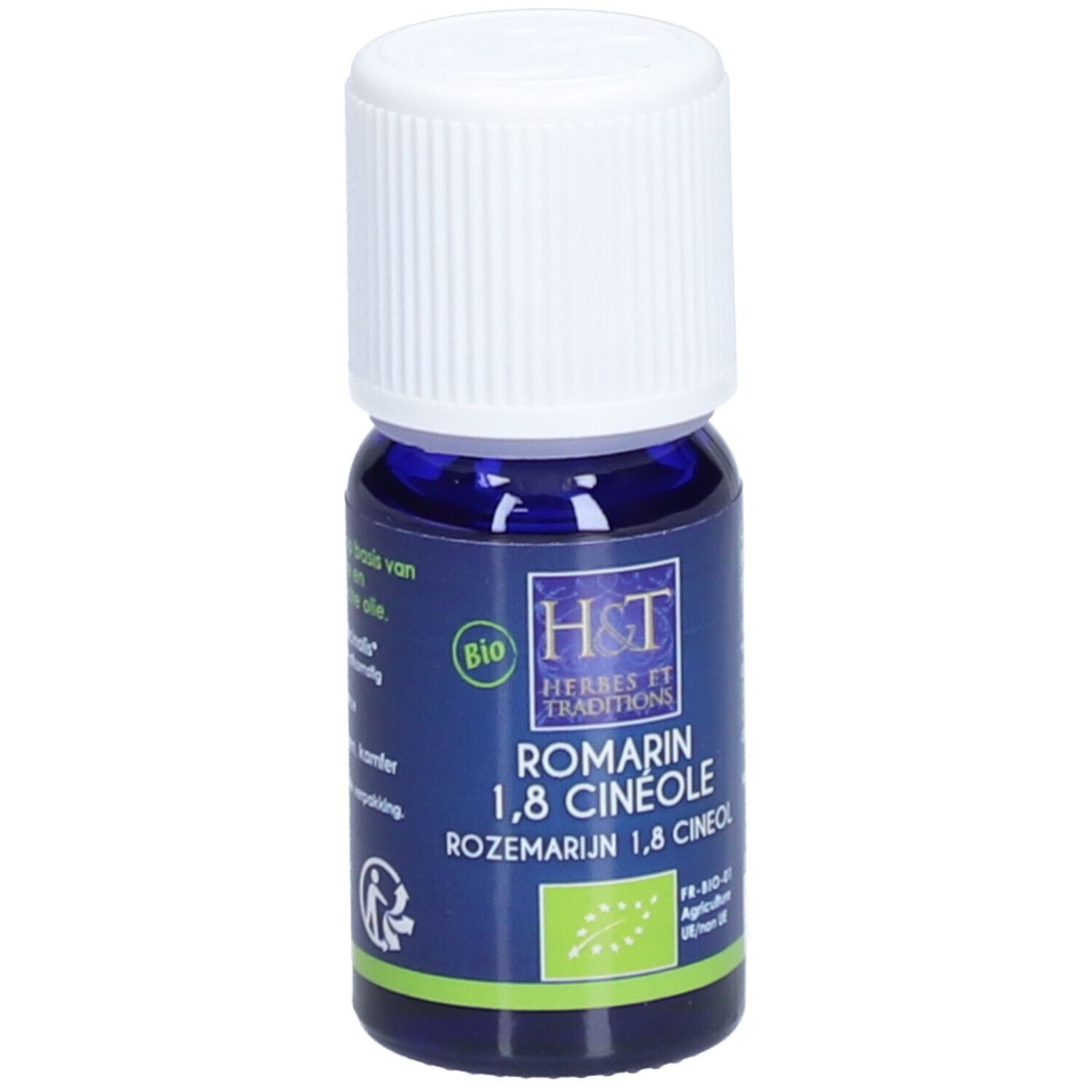 Flacon en verre bleu foncé avec bouchon blanc. Inscriptions : H&T, Romarin 1,8 Cinéole, label Bio. Étiquette avec accents verts et blancs.