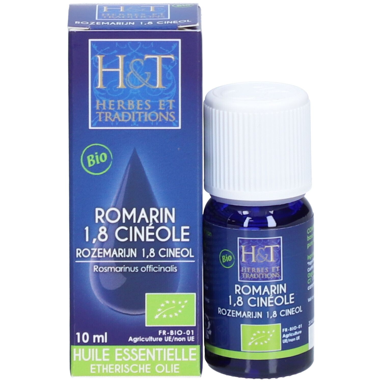 Emballage et flacon. Emballage : bleu, H&T, Romarin 1,8 Cinéole, 10 ml. Flacon : bleu foncé, bouchon blanc, H&T.