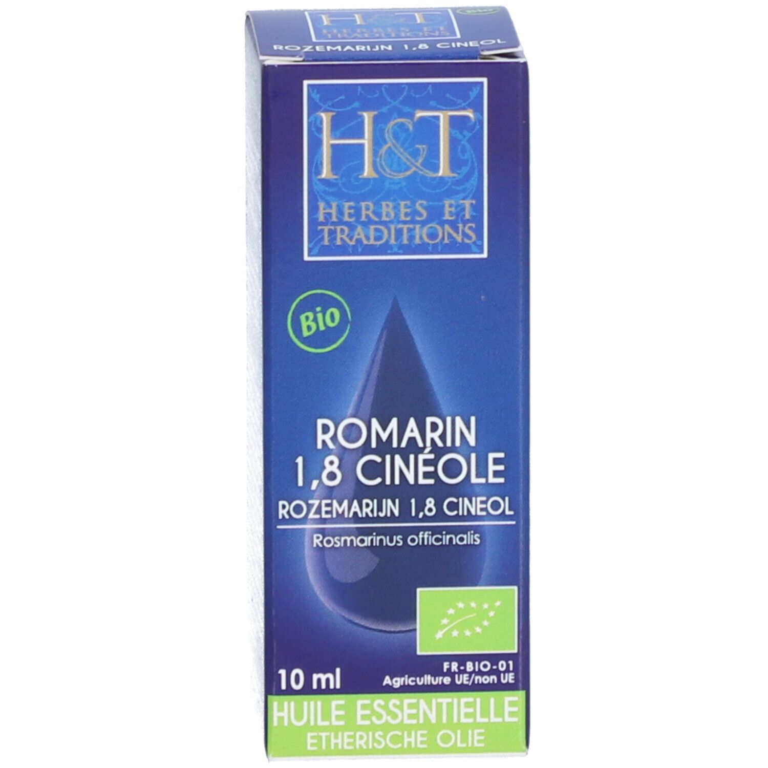 Emballage produit bleu. Inscriptions : H&T, Romarin 1,8 Cinéole, 10 ml. Label Bio. Illustration de goutte.