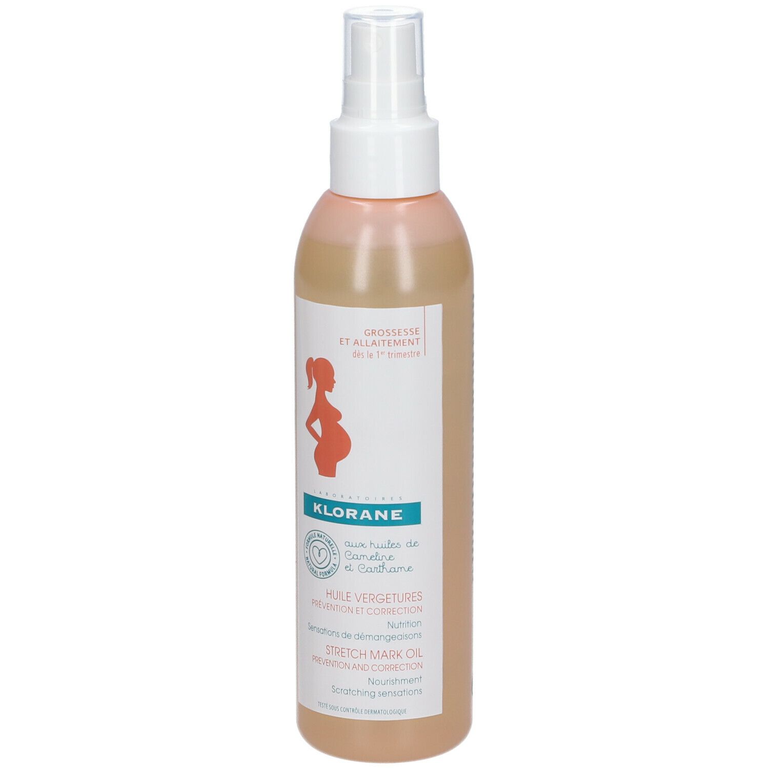 Flacon d'huile Klorane avec vaporisateur. Inscription: Grossesse et allaitement. Logo femme enceinte. Nom du produit et informations.