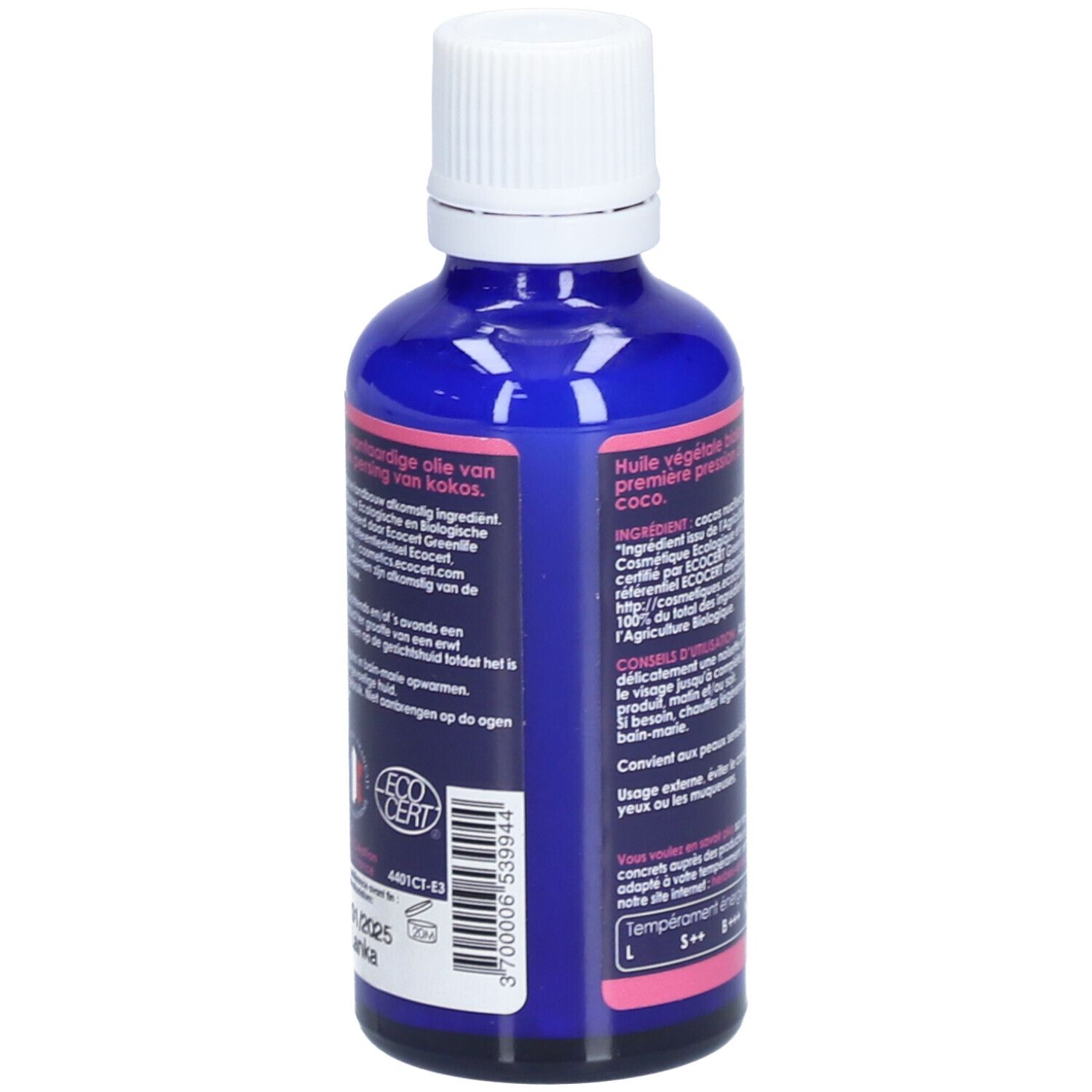 Flacon bleu, bouchon blanc. Verso avec texte et logo. Logo EcoCert.