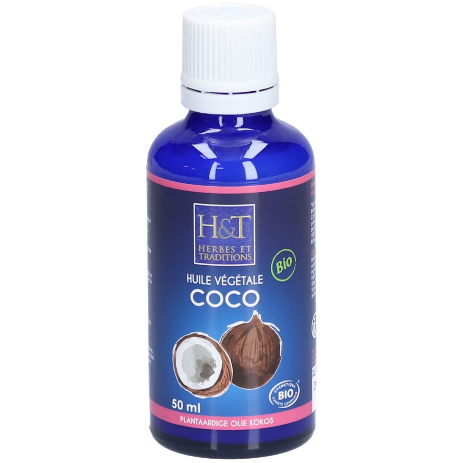 Flacon bleu, bouchon blanc. Inscription H&T, Huile végétale Coco Bio. Illustration noix de coco.
