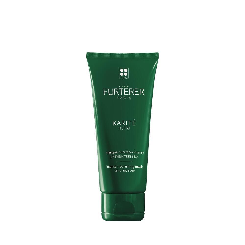 Tube vert avec texte blanc. Masque KARITÉ NUTRI René Furterer pour cheveux très secs.