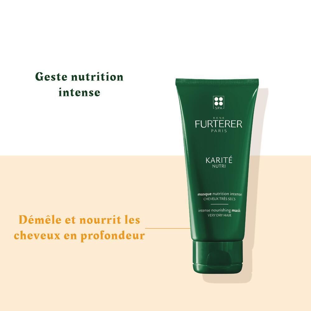 Tube vert avec texte. Masque KARITÉ NUTRI René Furterer. Démêle et nourrit en profondeur.