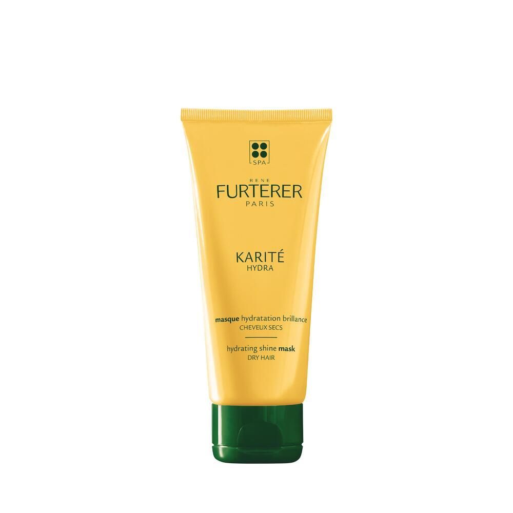 Tube jaune et vert. Inscription: KARITÉ HYDRA. Texte: masque hydratation brillance, cheveux secs, hydrating shine mask, dry hair.