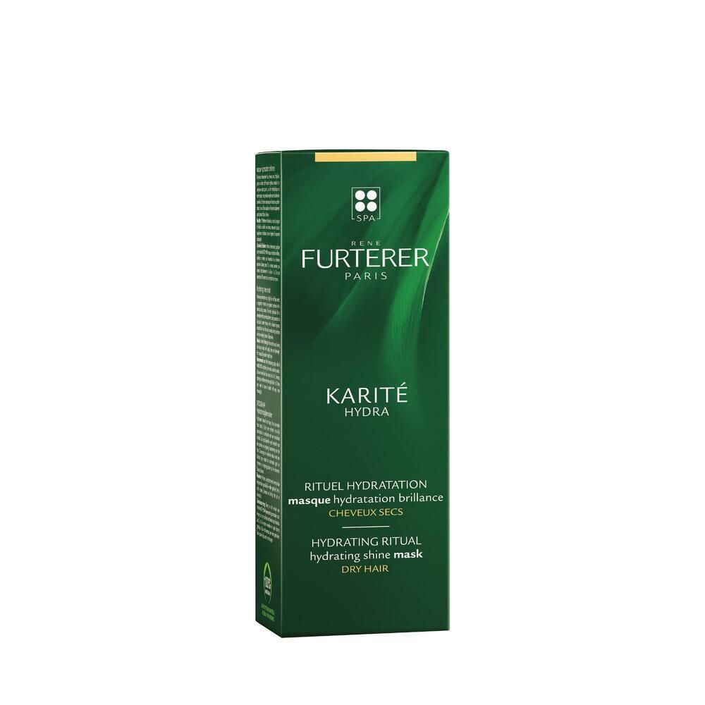 Emballage vert. Inscription: KARITÉ HYDRA. Texte: Rituel hydratation, masque hydratation brillance, cheveux secs, hydrating ritual, dry hair.
