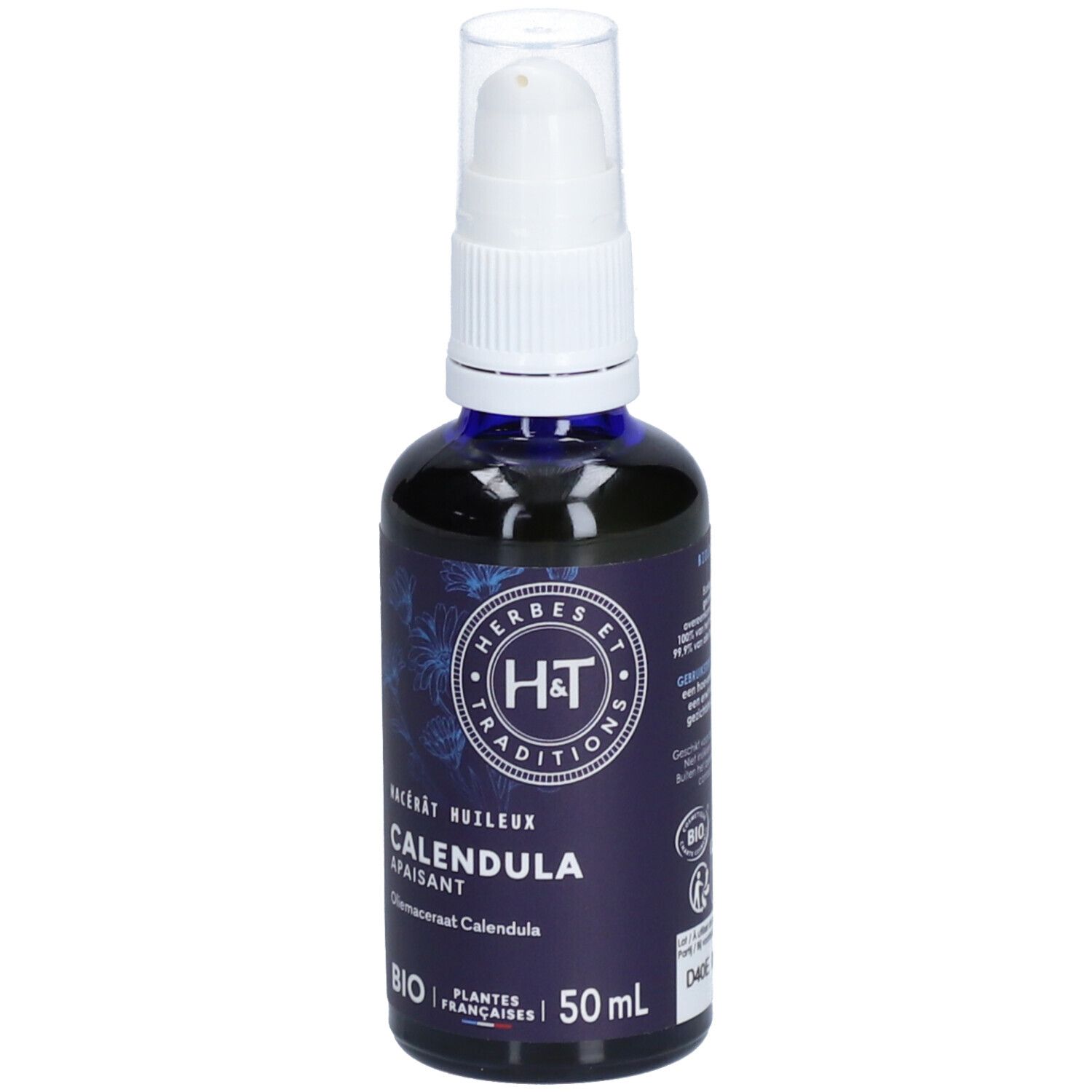 Flacon en verre bleu avec pompe blanche. Inscriptions: Herbes et Traditions, Calendula, Bio. 50 ml.