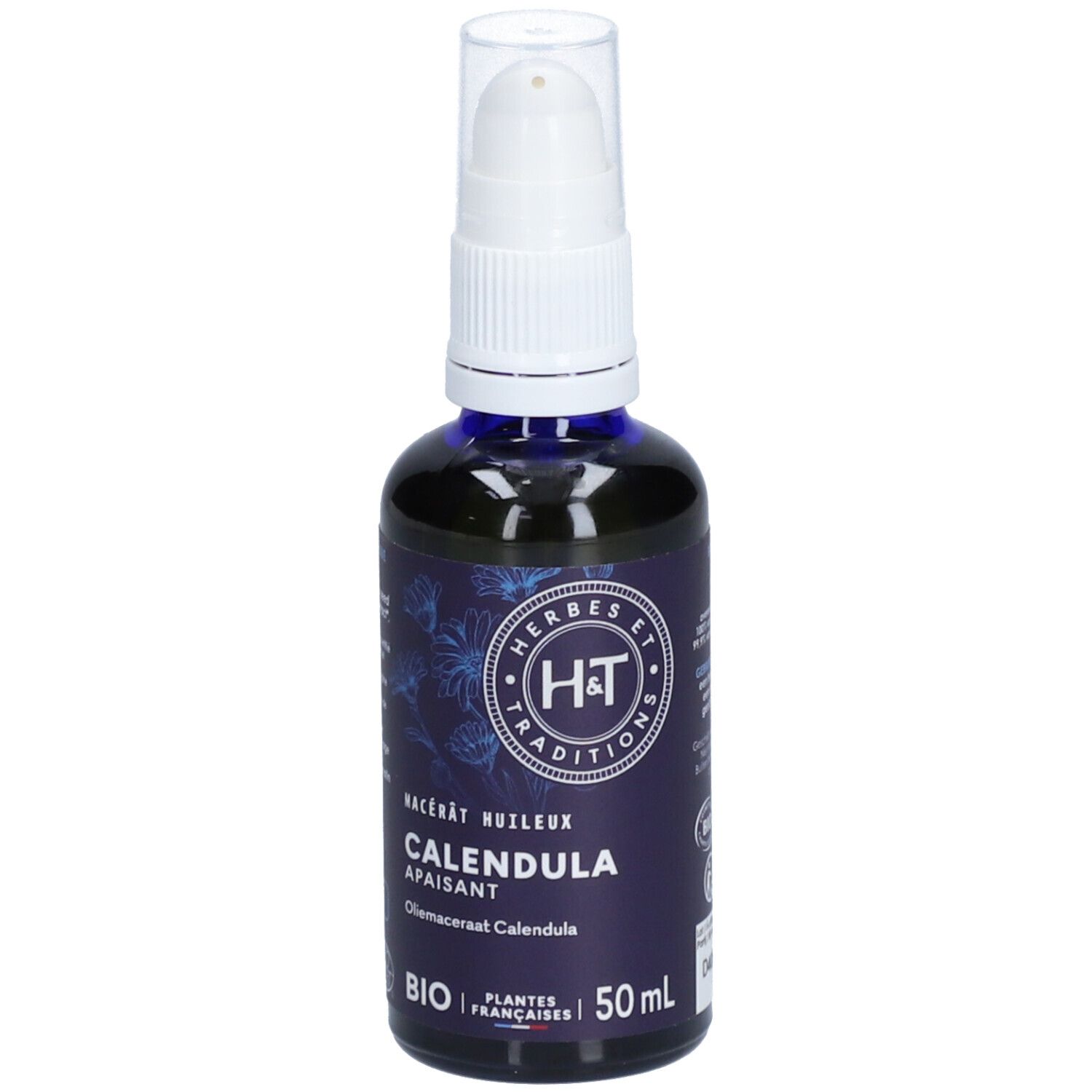 Flacon en verre bleu avec pompe blanche. Inscriptions: Herbes et Traditions, Calendula, Bio. 50 ml.