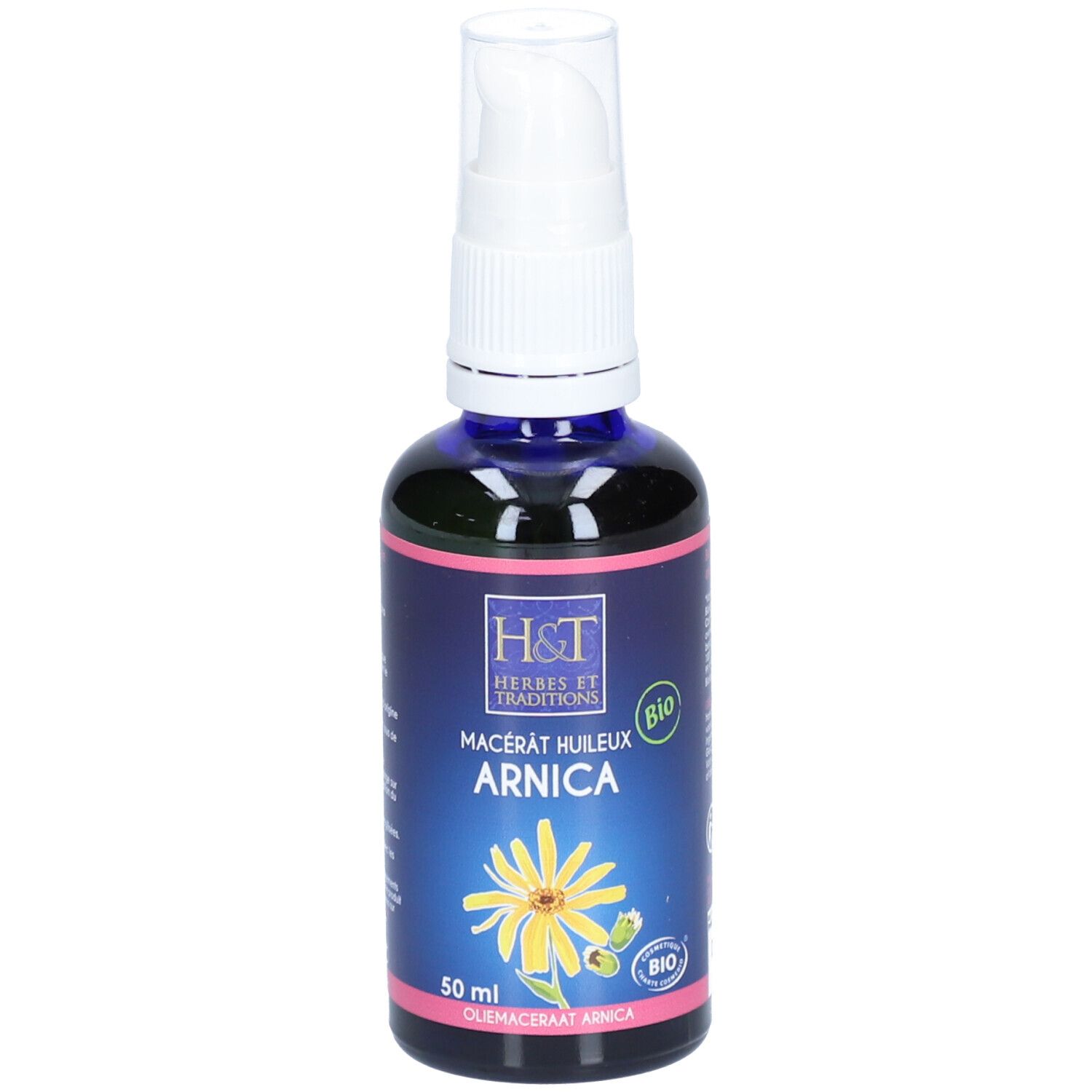 Flacon bleu transparent avec pompe blanche. Inscription : H&T, Macérât huileux ARNICA, label Bio. Fleur jaune.
