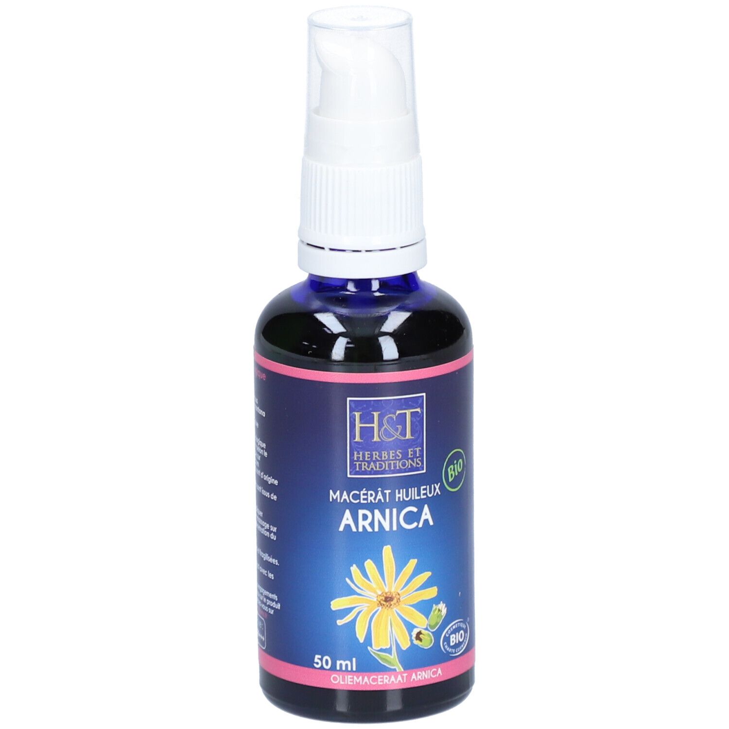 Flacon bleu transparent avec pompe blanche. Inscription : H&T, Macérât huileux ARNICA, label Bio. Fleur jaune.