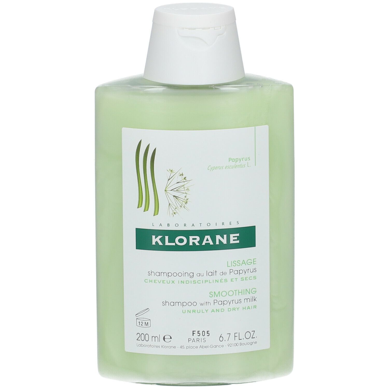 Flacon vert avec bouchon blanc. Inscription: KLORANE, Shampooing au Lait de Papyrus. 200 ml.