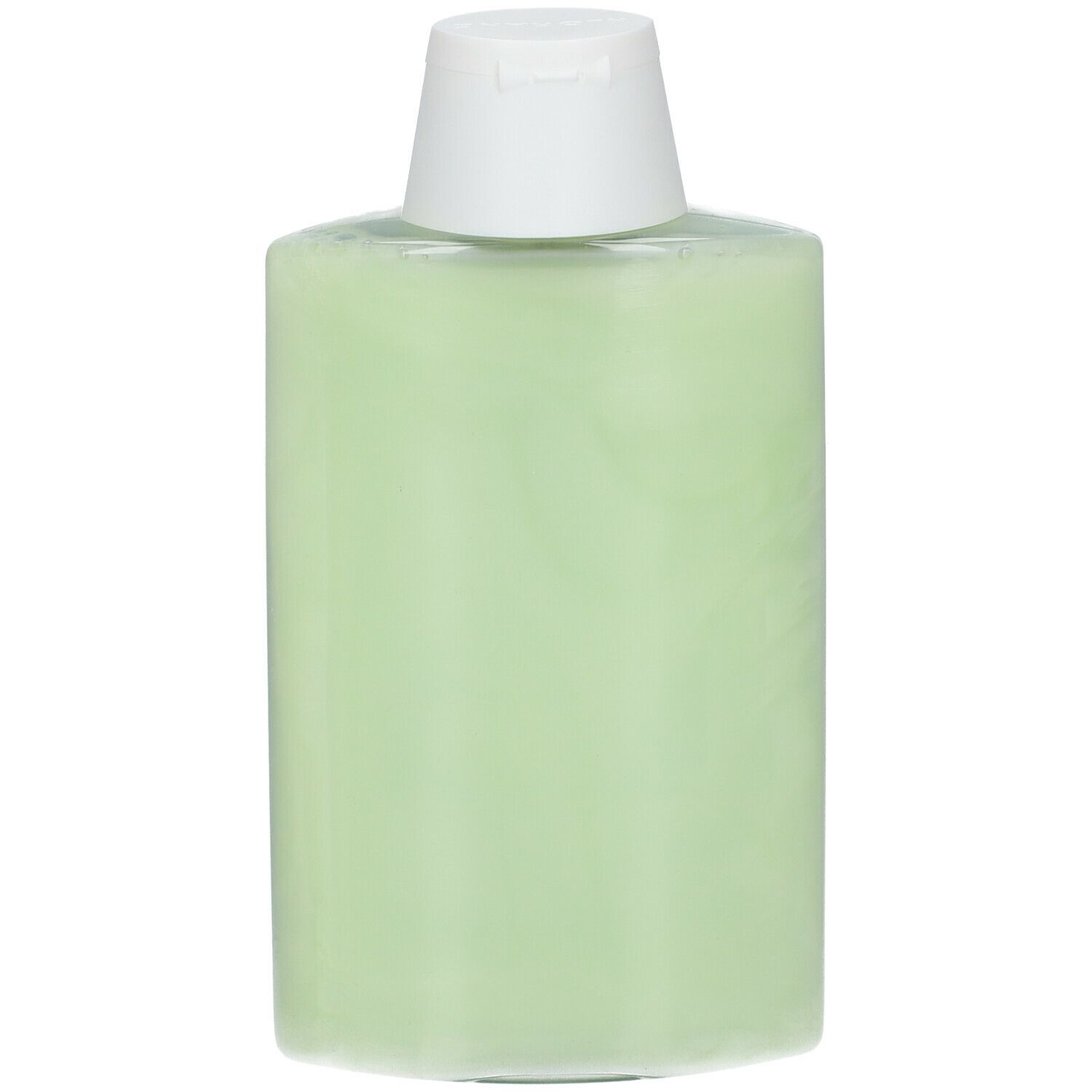 Flacon cylindrique vert avec bouchon blanc. Aucune inscription visible.