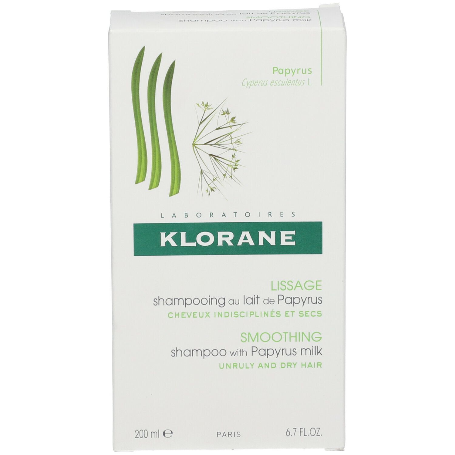 Boîte blanche avec éléments verts. Inscription: KLORANE, Shampooing au Lait de Papyrus. 200 ml.