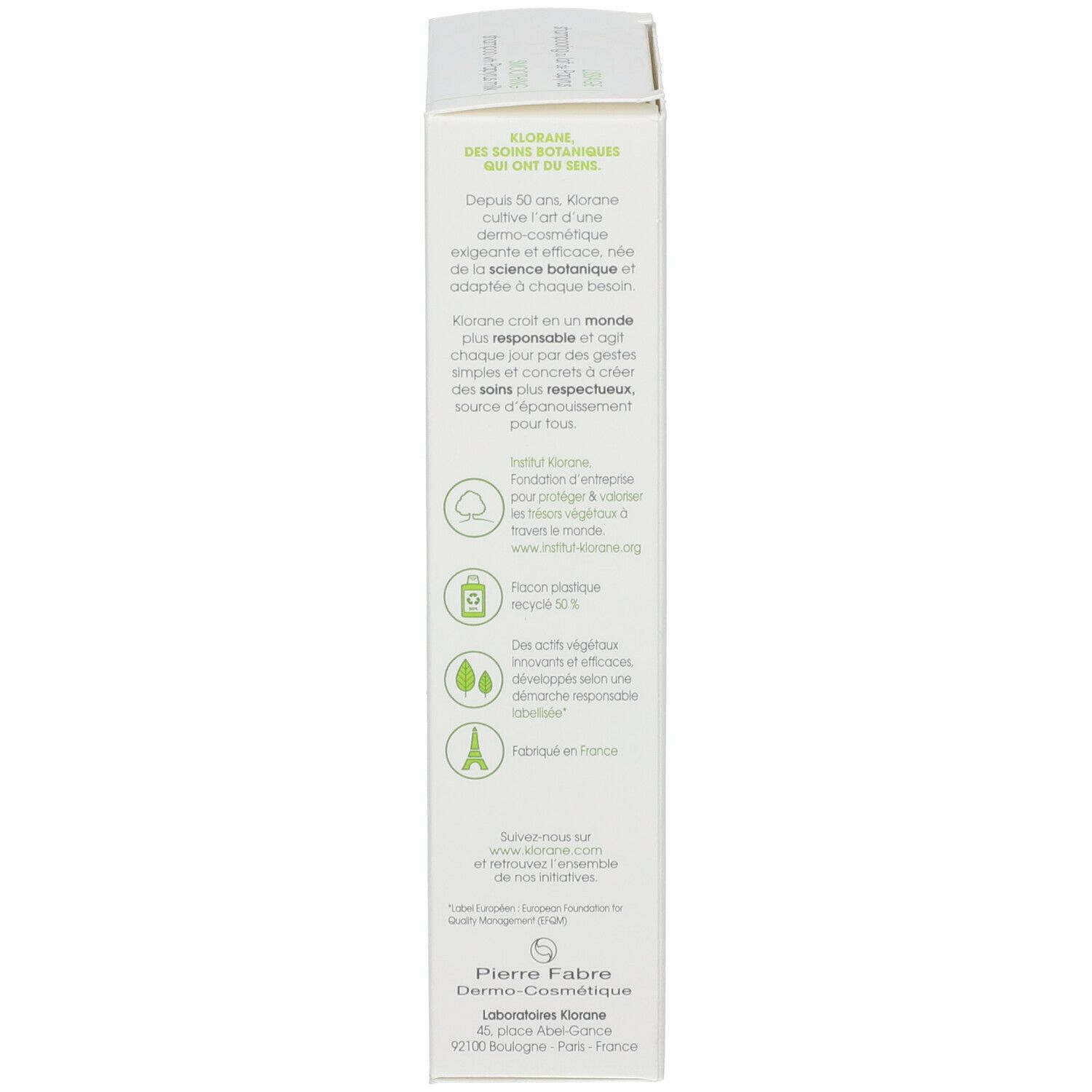 Côté de la boîte. Texte et logos. Informations sur la durabilité et le fabricant.