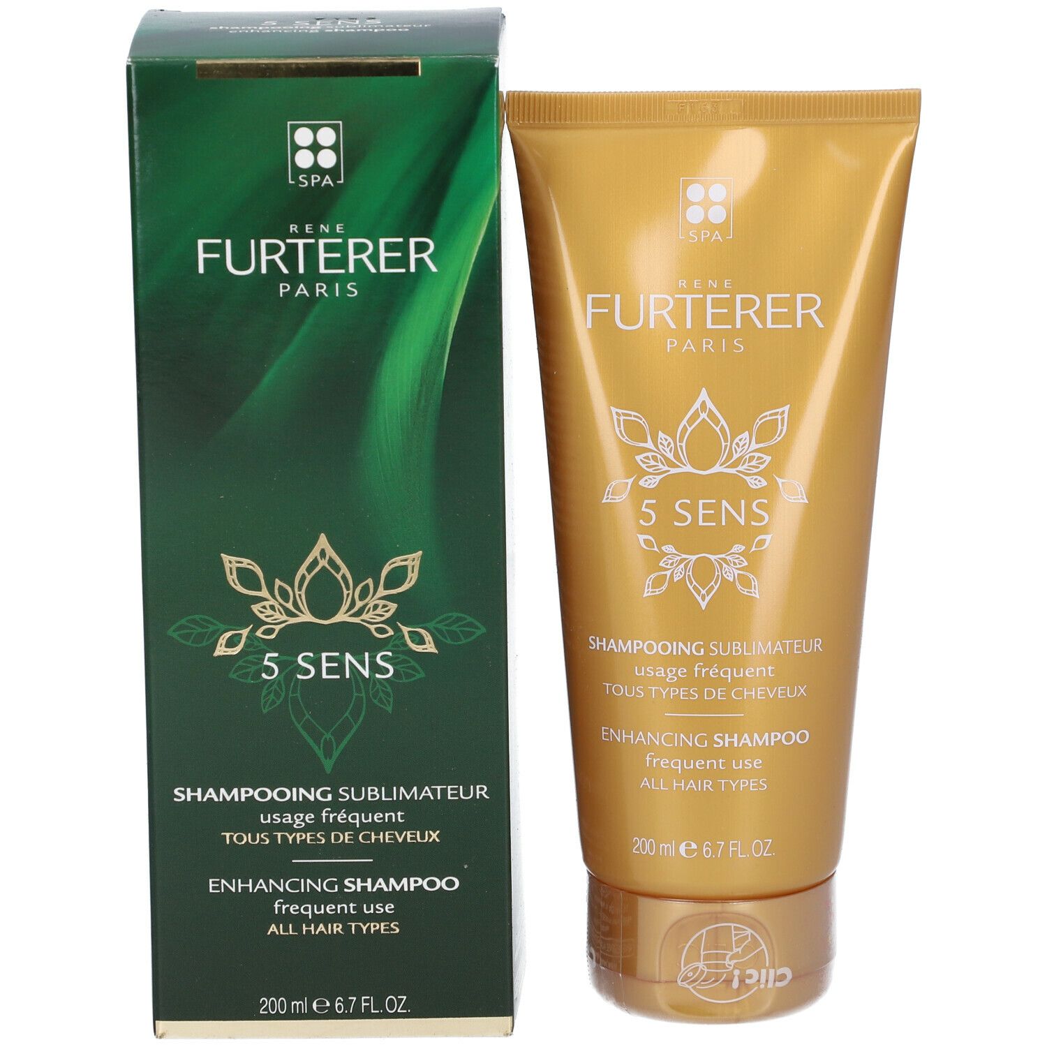 Emballage et tube de shampooing doré. Inscriptions: Furterer Paris, 5 SENS, Shampooing sublimateur, Enhancing Shampoo.