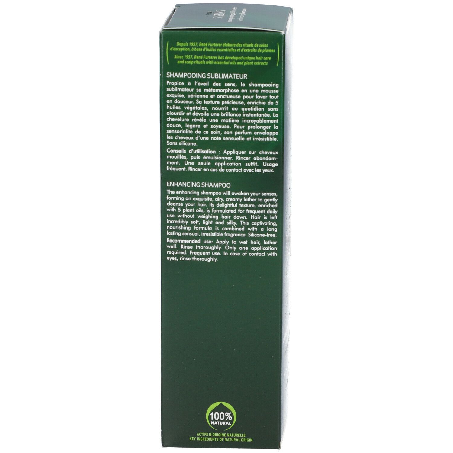 Dos de l'emballage vert. Texte multilingue. Informations du fabricant.