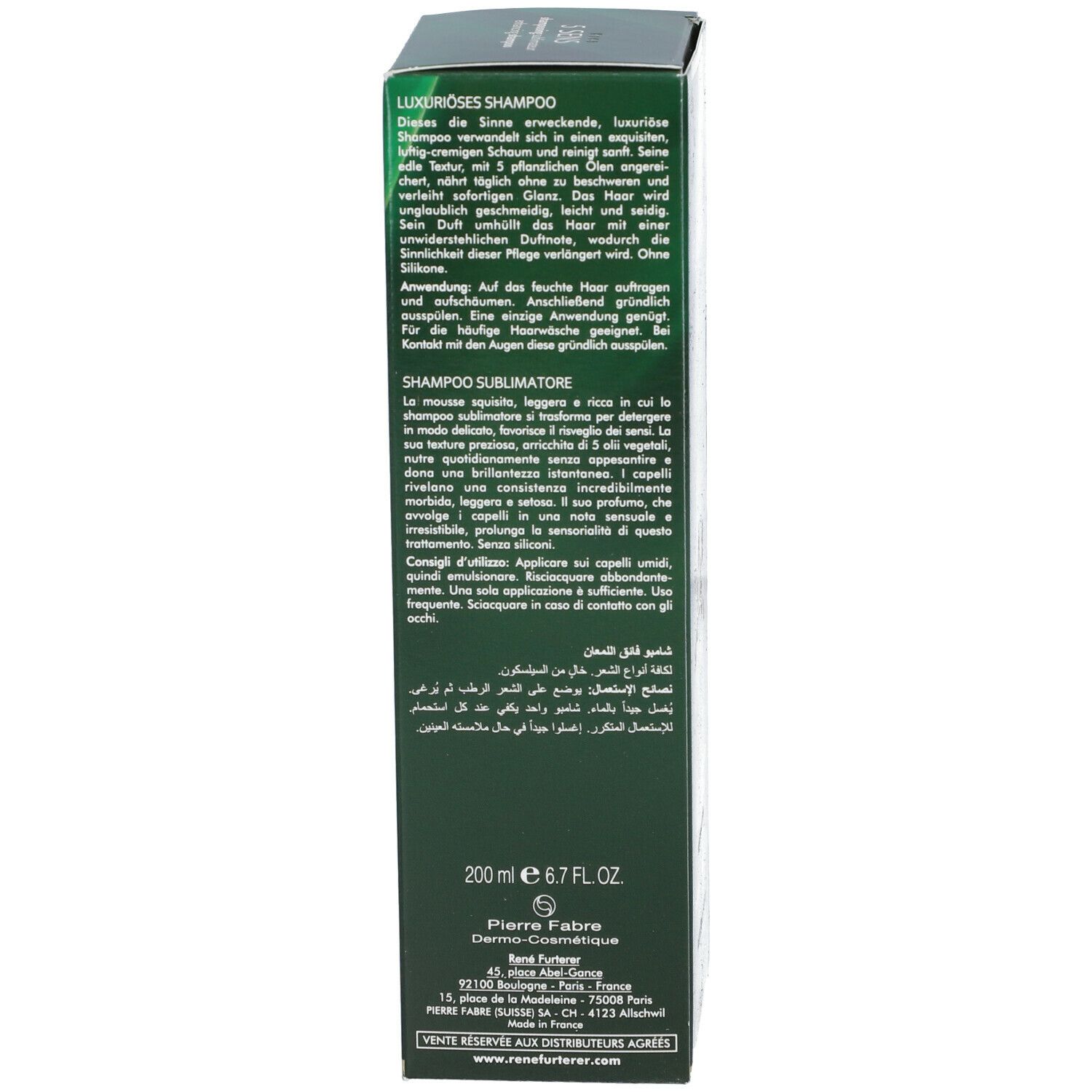 Dos de l'emballage vert. Texte multilingue. Informations du fabricant, 200 ml.