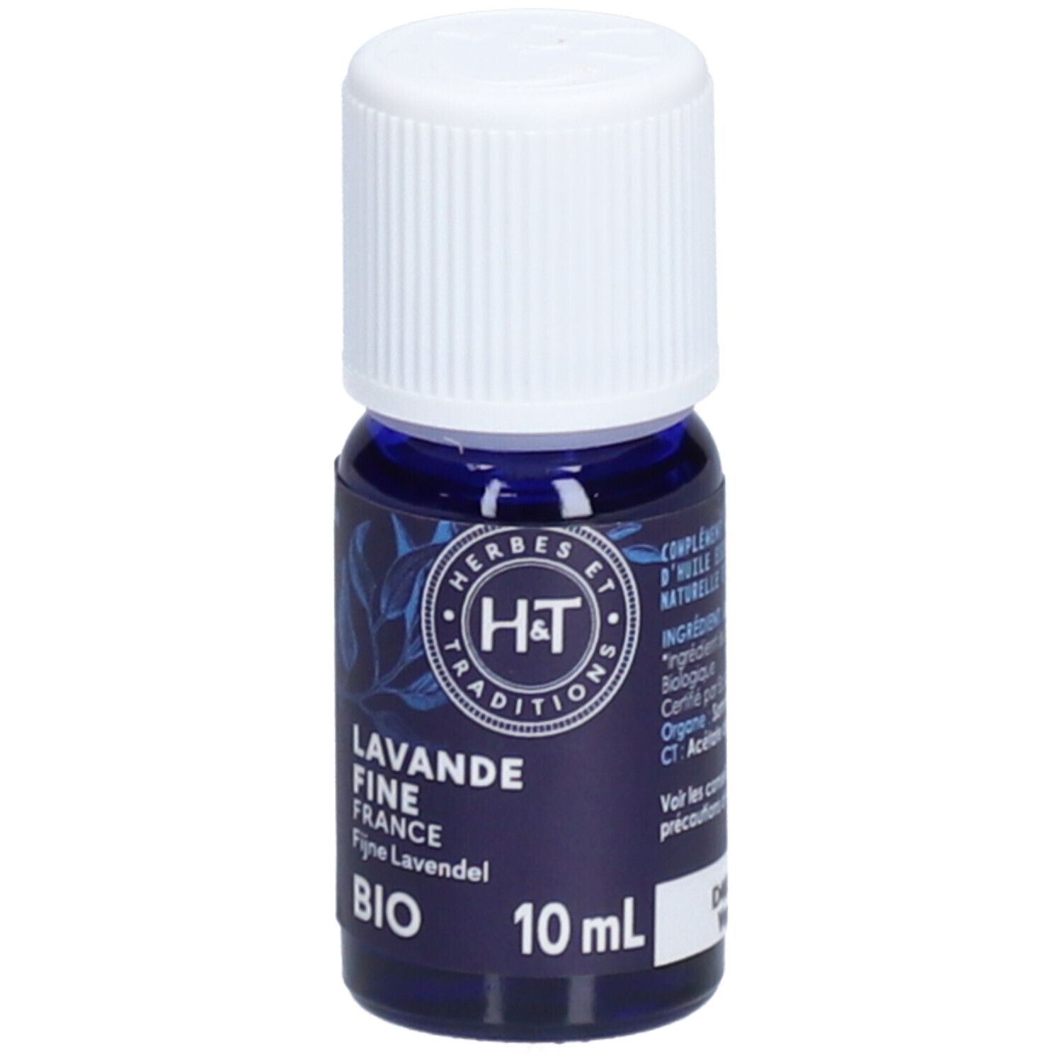 Petite bouteille en verre bleu avec bouchon blanc. Inscription: Lavande Fine France Bio, 10 ml.