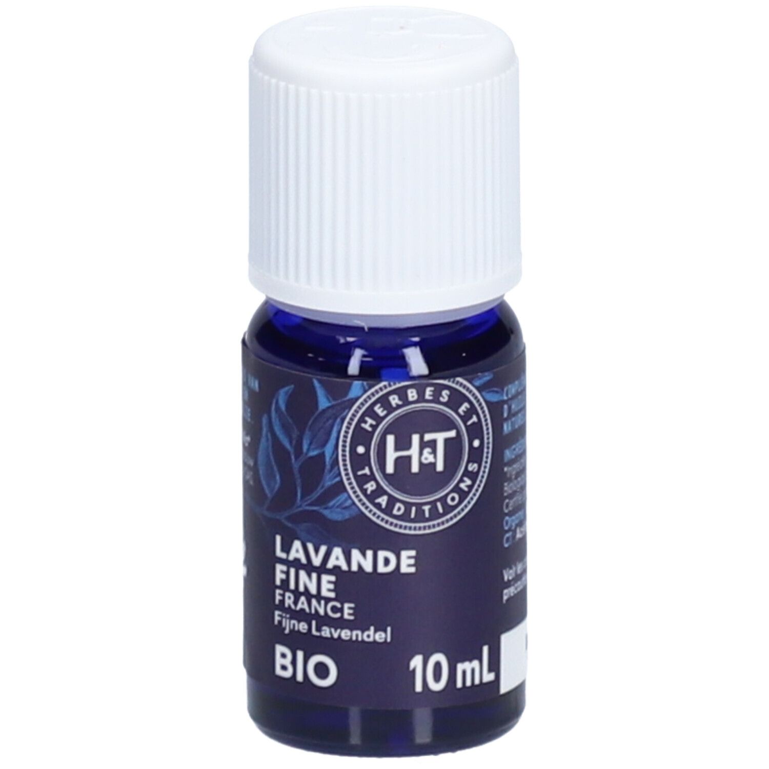 Bouteille en verre bleu avec bouchon blanc. Inscription: Lavande Fine France Bio, 10 ml. Logo H&T.